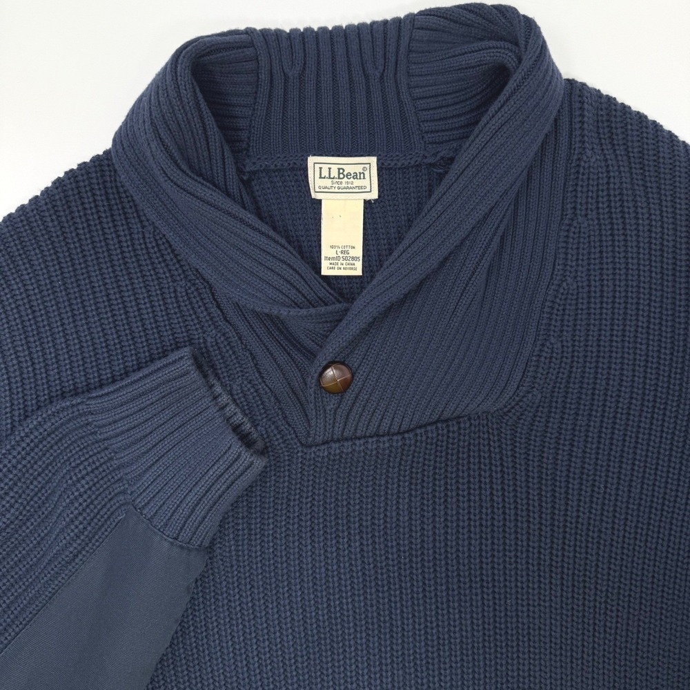 LL Bean Mens Large Navy Blue Shaker‎ Stitch Shawl Collar Sweater Elbow Patches